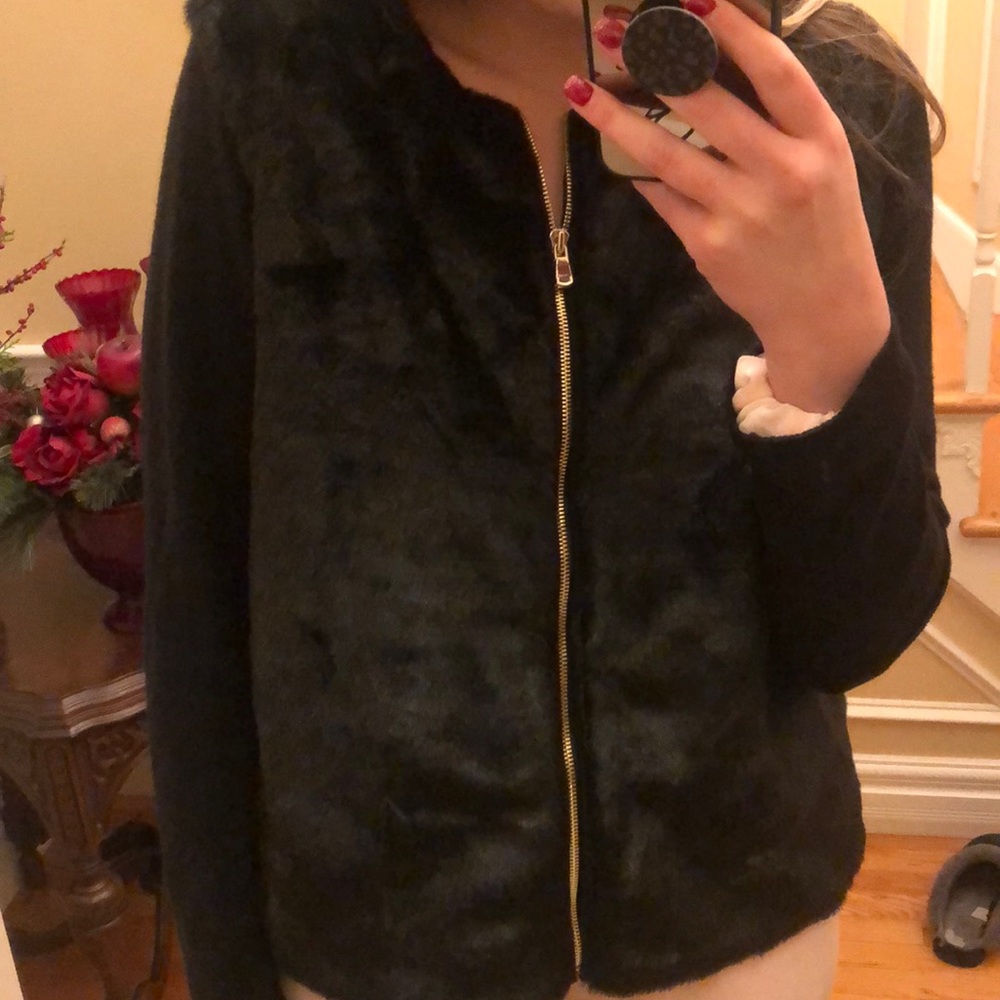 Ann Taylor Zip Up Fur Sweater